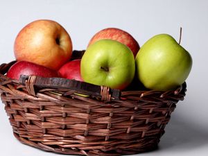 Preview wallpaper apples, basket, fruit, green, red