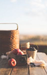 Preview wallpaper apples, blueberries, fruits, berries, table, picnic