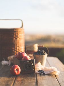 Preview wallpaper apples, blueberries, fruits, berries, table, picnic