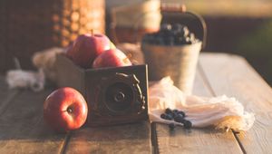 Preview wallpaper apples, blueberries, fruits, berries, table, picnic