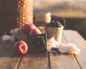 Preview wallpaper apples, blueberries, fruits, berries, table, picnic