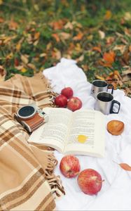 Preview wallpaper apples, book, camera, mugs, aesthetics