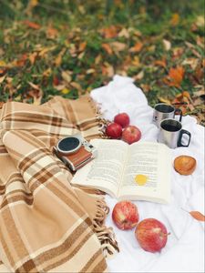 Preview wallpaper apples, book, camera, mugs, aesthetics