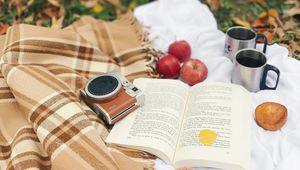 Preview wallpaper apples, book, camera, mugs, aesthetics