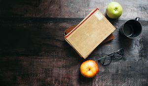 Preview wallpaper apples, books, glasses, reading, aesthetics