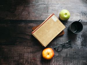 Preview wallpaper apples, books, glasses, reading, aesthetics