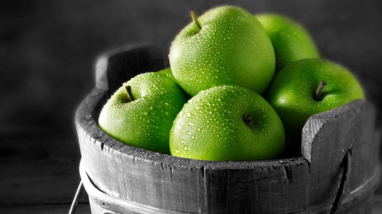 Wallpaper apples, fruit, green, bucket