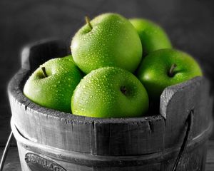 Preview wallpaper apples, fruit, green, bucket