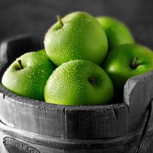 Preview wallpaper apples, fruit, green, bucket