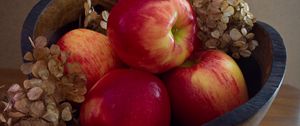 Preview wallpaper apples, fruit, red, hydrangea