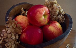 Preview wallpaper apples, fruit, red, hydrangea