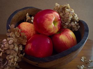 Preview wallpaper apples, fruit, red, hydrangea