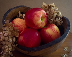 Preview wallpaper apples, fruit, red, hydrangea