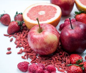 Preview wallpaper apples, grapefruit, raspberries, fruits, berries