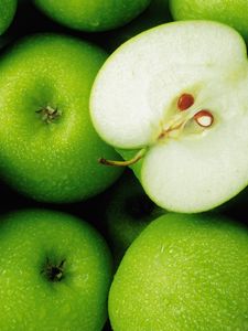 Preview wallpaper apples, green, fruit, drops, half