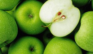 Preview wallpaper apples, green, fruit, drops, half