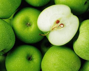 Preview wallpaper apples, green, fruit, drops, half