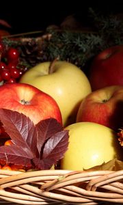 Preview wallpaper apples, mountain ash, basket, flowers