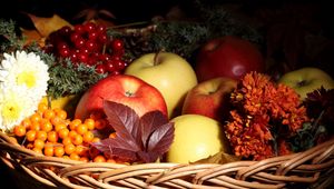 Preview wallpaper apples, mountain ash, basket, flowers