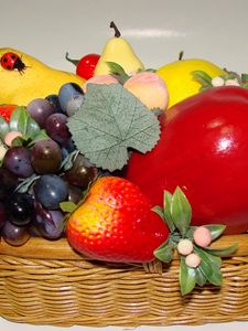 Preview wallpaper apples, peaches, grapes, basket, still life