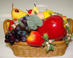 Preview wallpaper apples, peaches, grapes, basket, still life