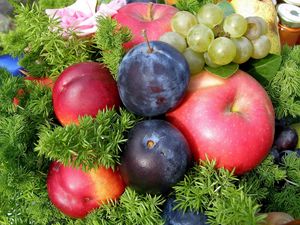 Preview wallpaper apples, plums, fruit, grass