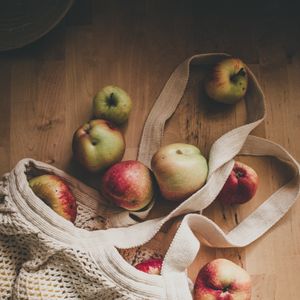 Preview wallpaper apples, string bag, fruit, red, green