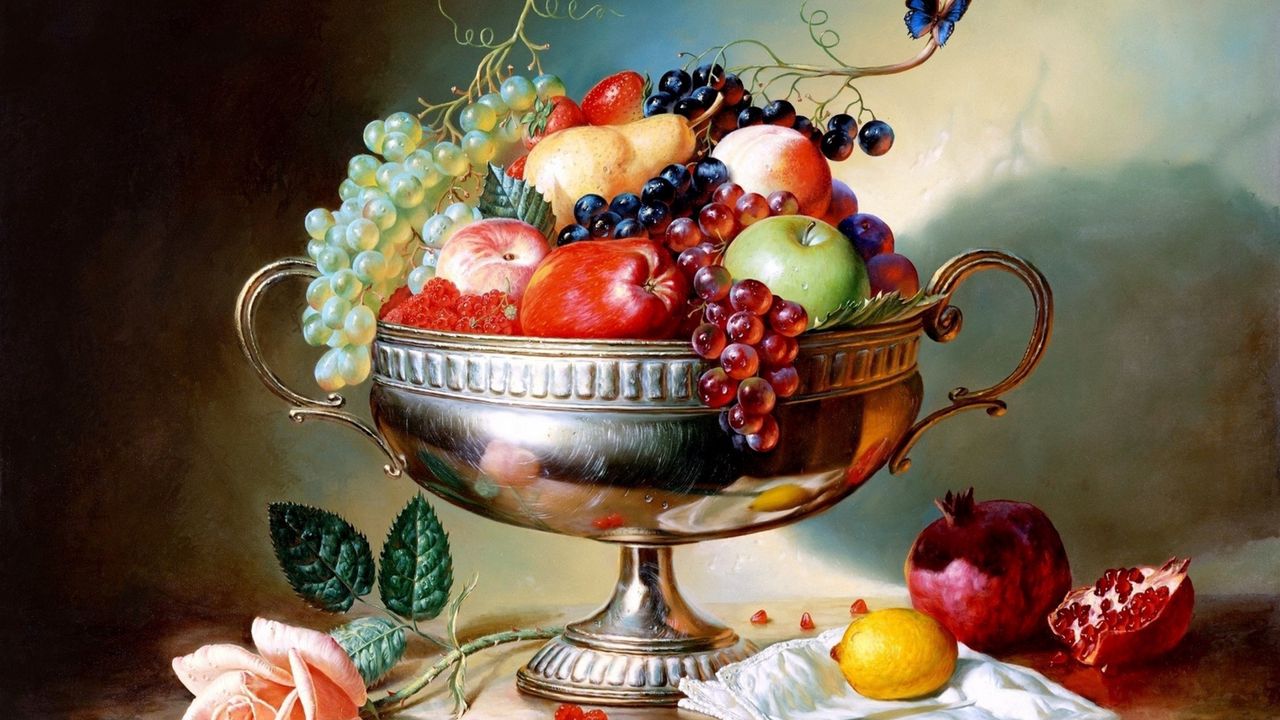 Wallpaper apples, vase, fruit, pomegranate, grapes