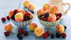 Preview wallpaper apricots, blackberries, cherries, dishes