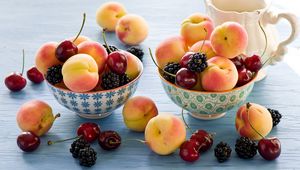 Preview wallpaper apricots, blackberries, cherries, dishes