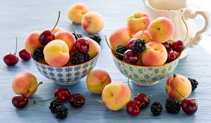 Preview wallpaper apricots, blackberries, cherries, dishes