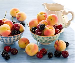 Preview wallpaper apricots, blackberries, cherries, dishes