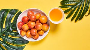 Preview wallpaper apricots, fruit, bowl, fresh, yellow