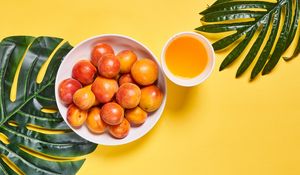 Preview wallpaper apricots, fruit, bowl, fresh, yellow