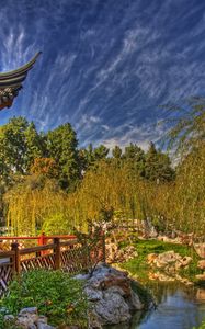 Preview wallpaper arbor, pond, willows, person, china, clouds, sky