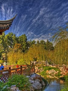Preview wallpaper arbor, pond, willows, person, china, clouds, sky