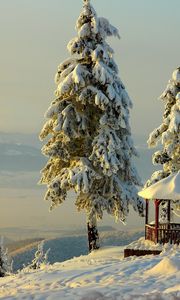 Preview wallpaper arbor, winter, snow, mountains, relief, trees