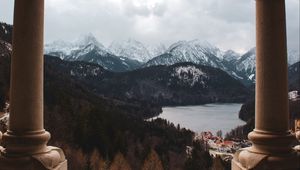 Preview wallpaper arch, columns, mountains, lake, landscape, view