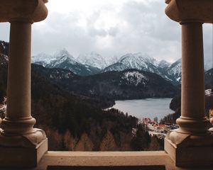 Preview wallpaper arch, columns, mountains, lake, landscape, view