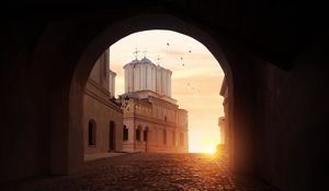 Preview wallpaper arch, temple, sun, light, dark