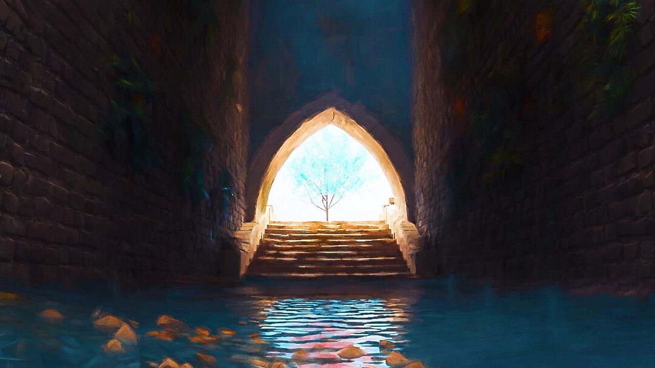 Wallpaper arch, tree, tunnel, water, art