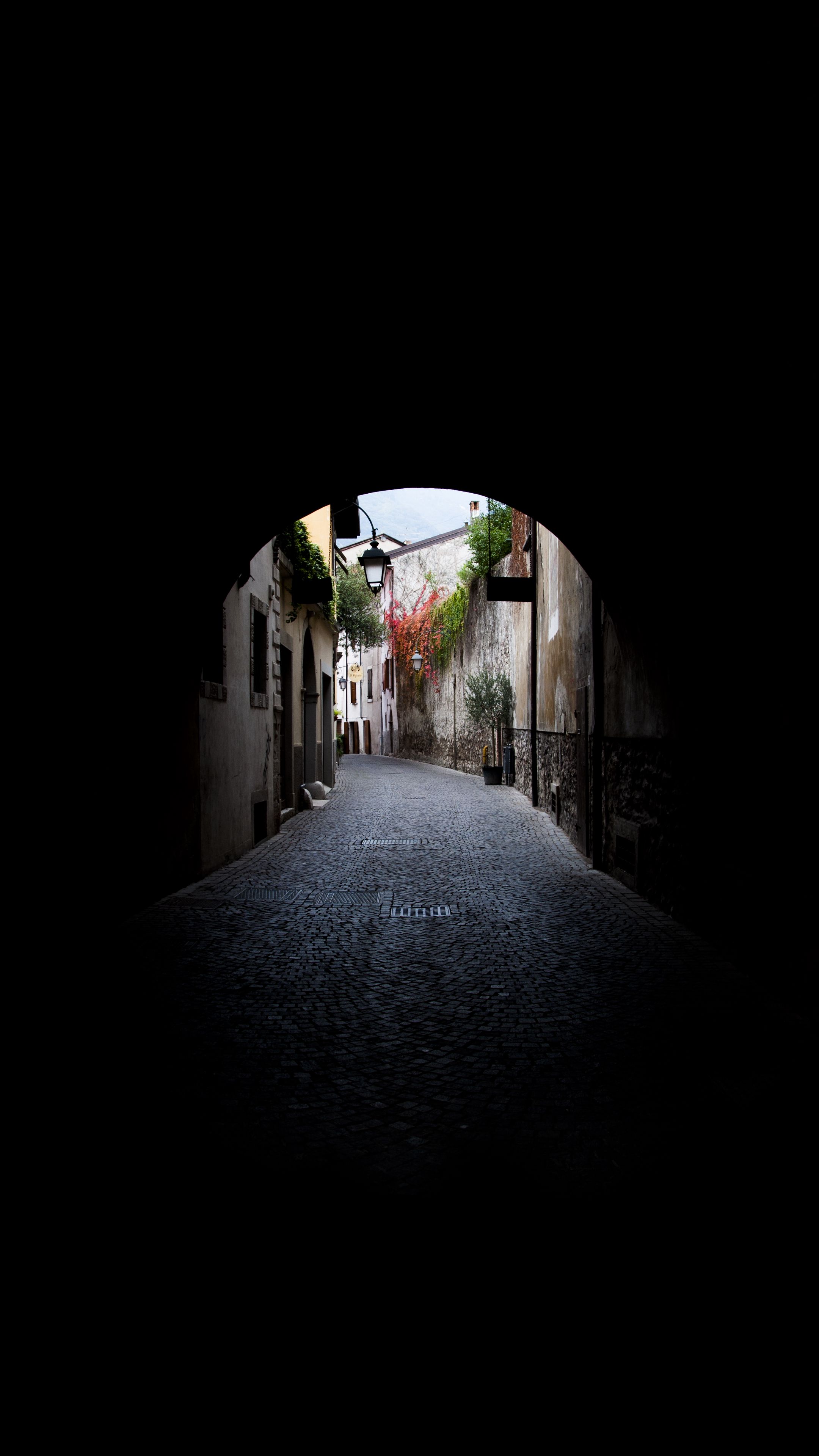 2160x3840 Wallpaper arch, tunnel, buildings, street