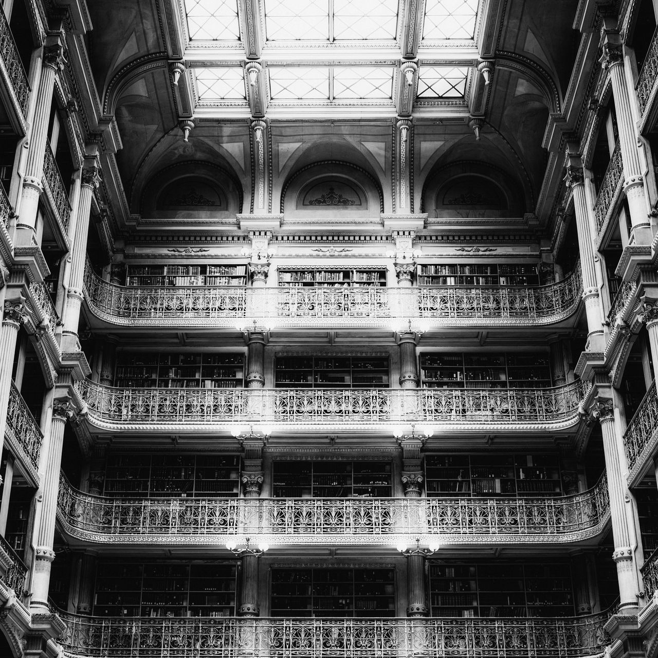 1280x1280 Wallpaper architecture, balconies, columns, bw