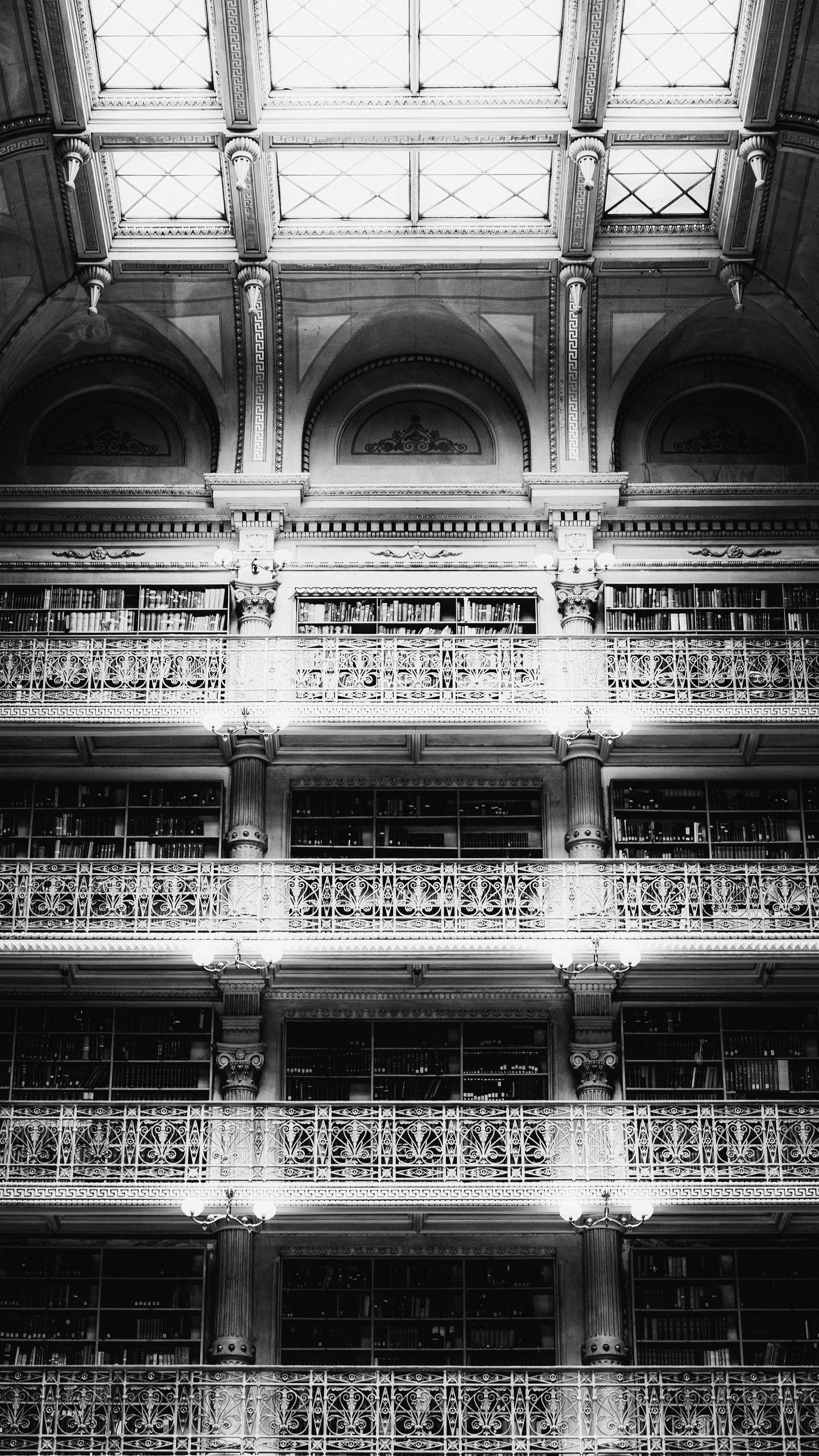 1440x2560 Wallpaper architecture, balconies, columns, bw
