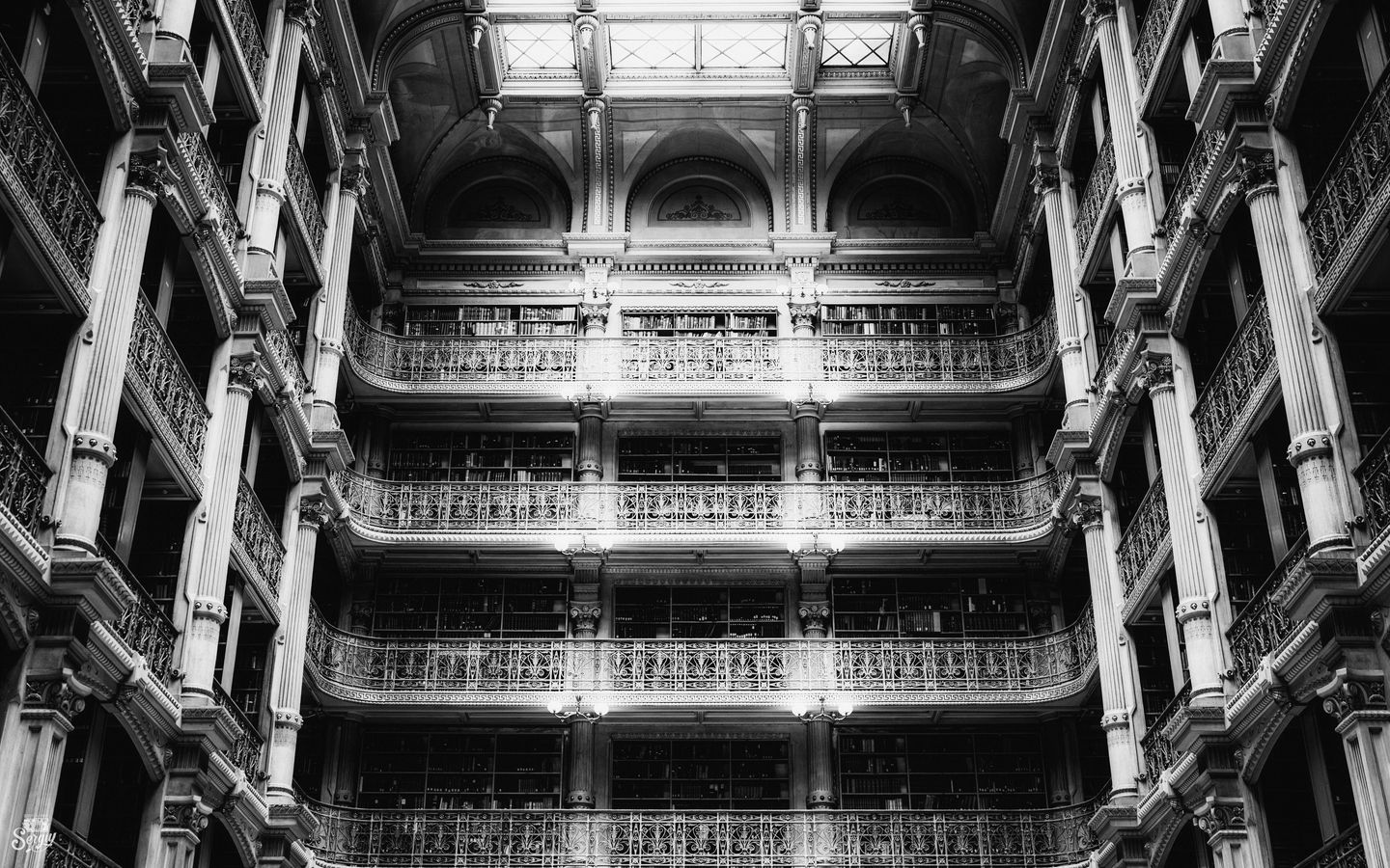 1440x900 Wallpaper architecture, balconies, columns, bw