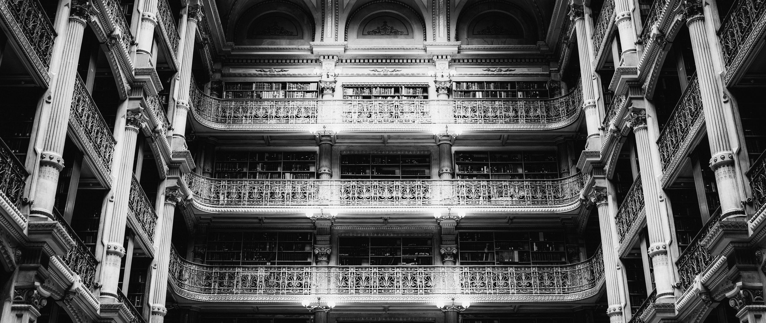 2560x1080 Wallpaper architecture, balconies, columns, bw