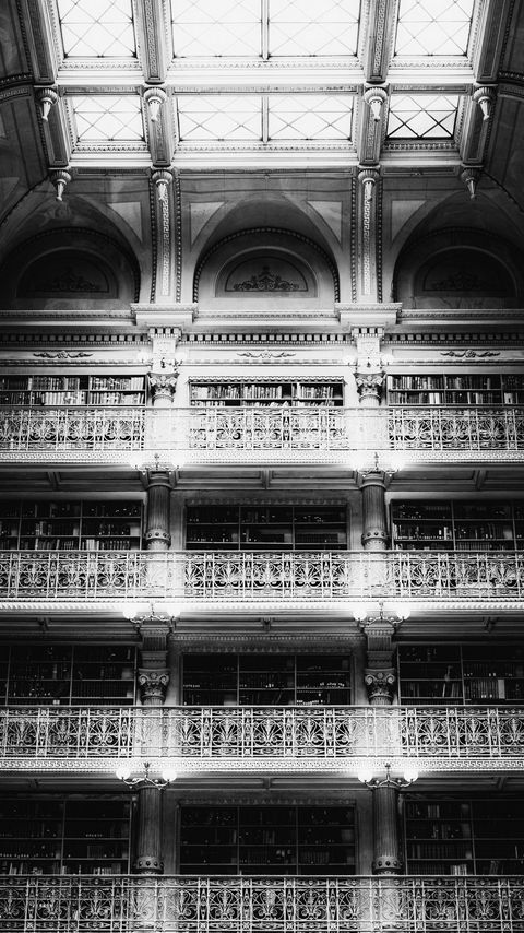 480x854 Wallpaper architecture, balconies, columns, bw