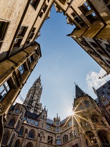 Preview wallpaper architecture, buildings, city, bottom view, rays