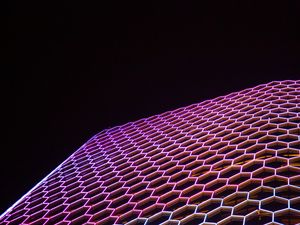 Preview wallpaper architecture, facade, geometric, hexagons, backlight, building