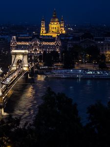 Preview wallpaper architecture, night city, buildings, bridge, river
